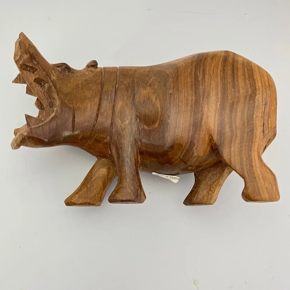 Vintage African ‎ Hand Carved Wood Hippopotamus Open Mouth Hungry Hippo
